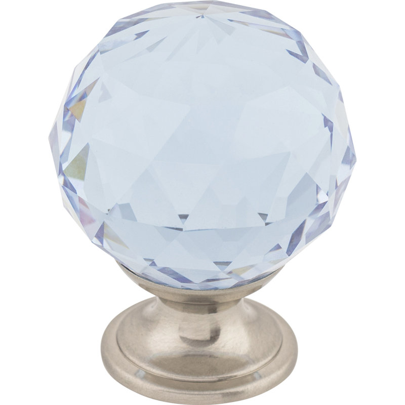 Clear Crystal 1 3/8" Diameter Round Knob, Brushed Satin Nickel, Light Blue