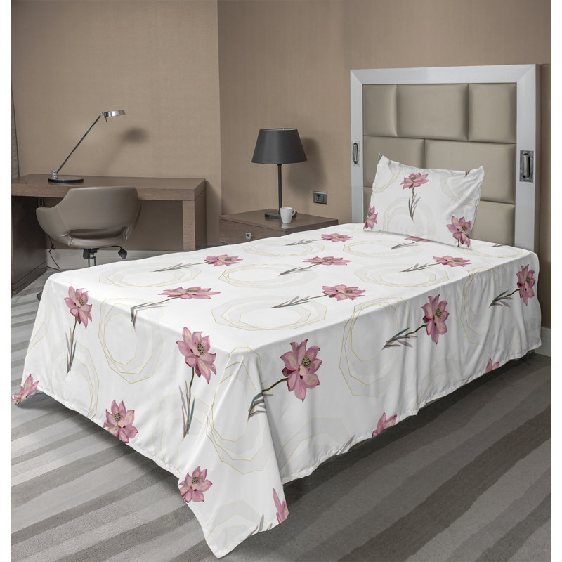 Ambesonne Watercolor Botany Sheet Set 4 Pcs Retro Boho Bloom, Twin Sheet Set with 1 Pillowcase, Ivory Pale Pink Floral