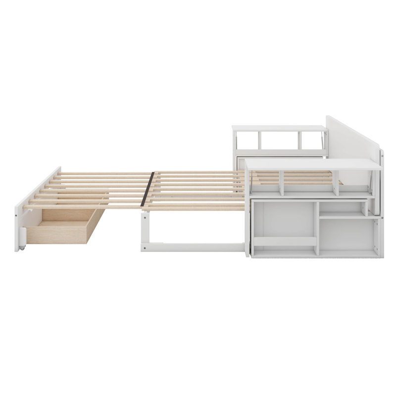 Queen Size Corner Bed Frame With Storage Drawers And Removable Desk, Wood Daybed With Hydraulic Side Table For Kids Teens Adults