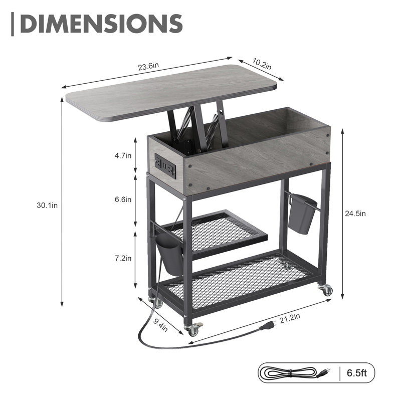 Lift Top End Table with Charging Station, Gray