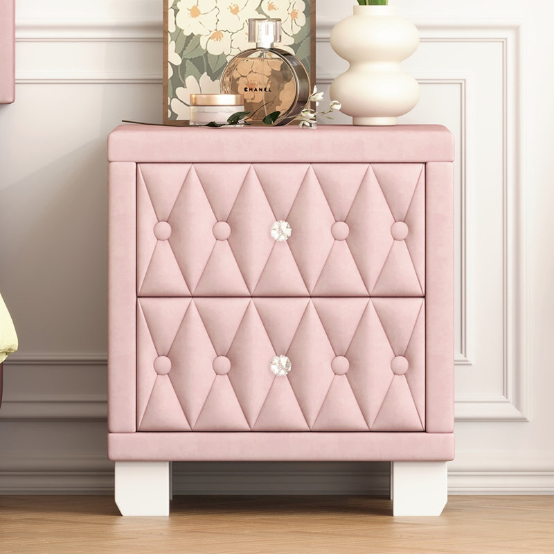 Élégante table de chevet en velours avec 2 tiroirs et poignée en cristal, table de chevet avec capitonnage à boutons, rose