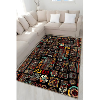 Tapis décoratif moderne multicolore à motif géométrique noir
