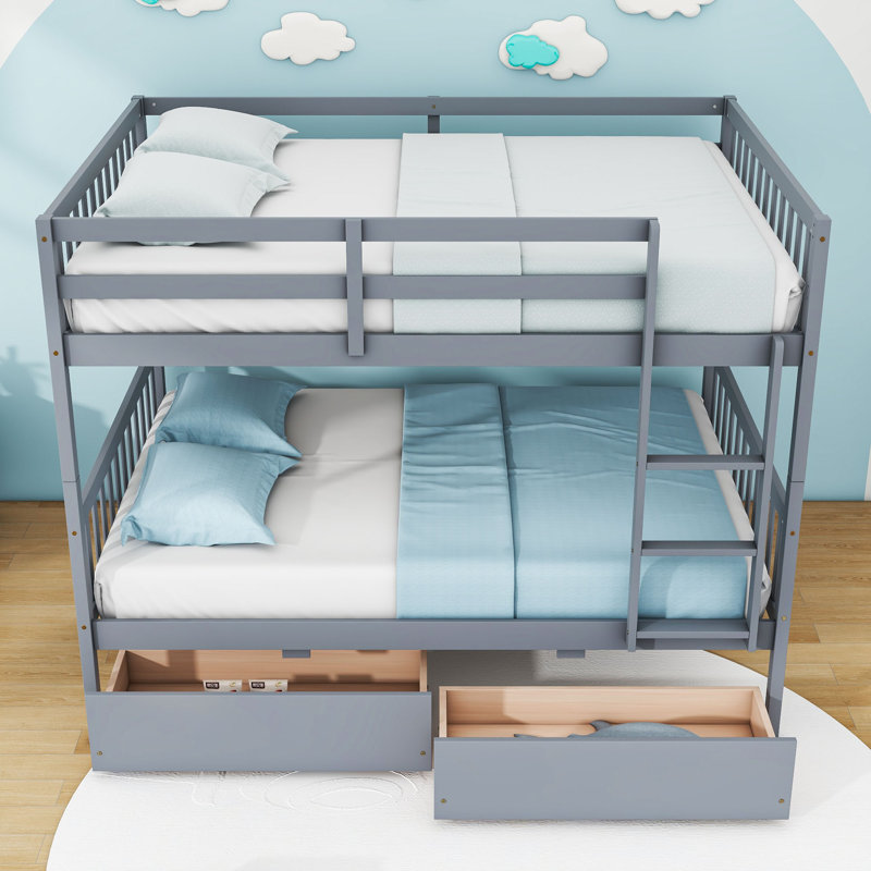 Two Drawers Rubber Wood Bunk Bed, Gray, Full