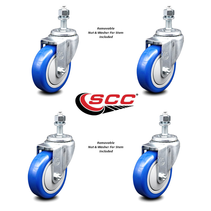 Ensemble de roulettes à tige filetée 4 pouces en polyuréthane pivotant ½ pouce SCC, Bleu