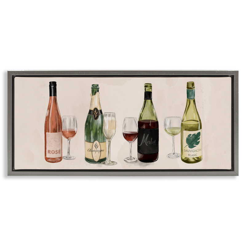Diverses bouteilles de vin et de champagne, Cadre flottant gris lustré, H 11 po x l 25 po