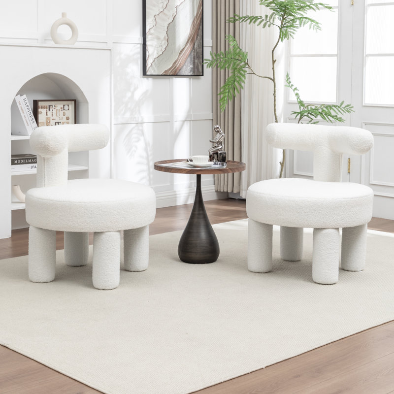 Fauteuil demi-tonneau rembourré Bula, Blanc, Teddy