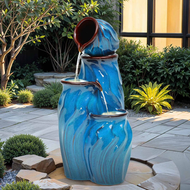 29" Ceramic Outdoor Water Fountain with Dynamic Wavy-Texture, Weather-Resistant Teal Blue Glaze, Turquoise