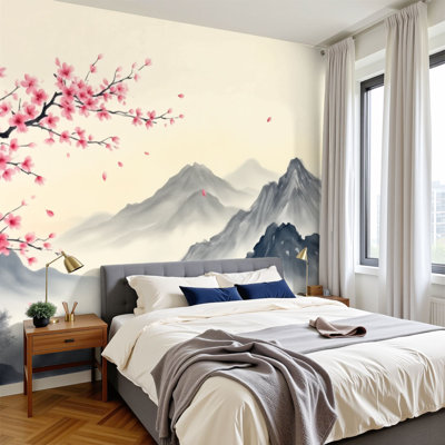 Peel and Stick Wallpaper 96" W x 69" H Modern Self Adhesive Wall Mural for Bedroom Serene Cherry Blossom Tree Majestic Mountain Landscape Misty