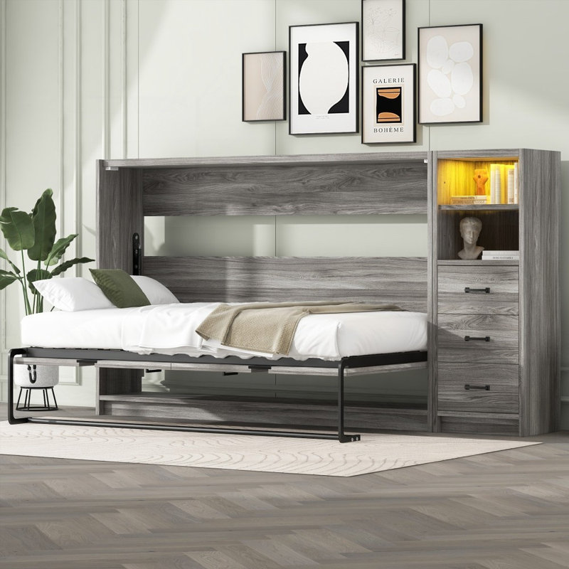 Lit escamotable simple avec tiroirs, lumière DEL et amp; Armoire pliante - Aucun sommier requis, robuste Durable