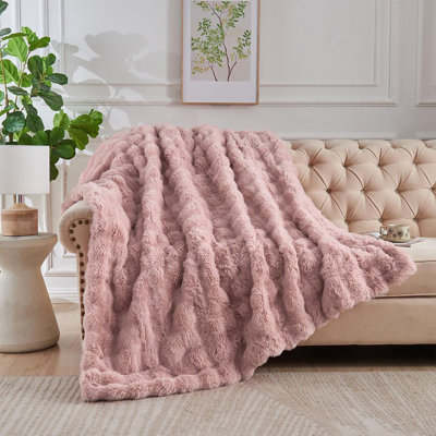 Jeté de couleur unie en fausse fourrure de lapin de couleur unie pour canapé et lit, rose, 90 po x 90 po.