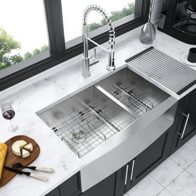 Double Bowl, 36", Stainless Steel, 16 Gauge, Kitchen Sink, X - Shaped Water Guide, Pad, Brushed Nickel, Installation Guide 36" Drain Assembly, Dish Grid