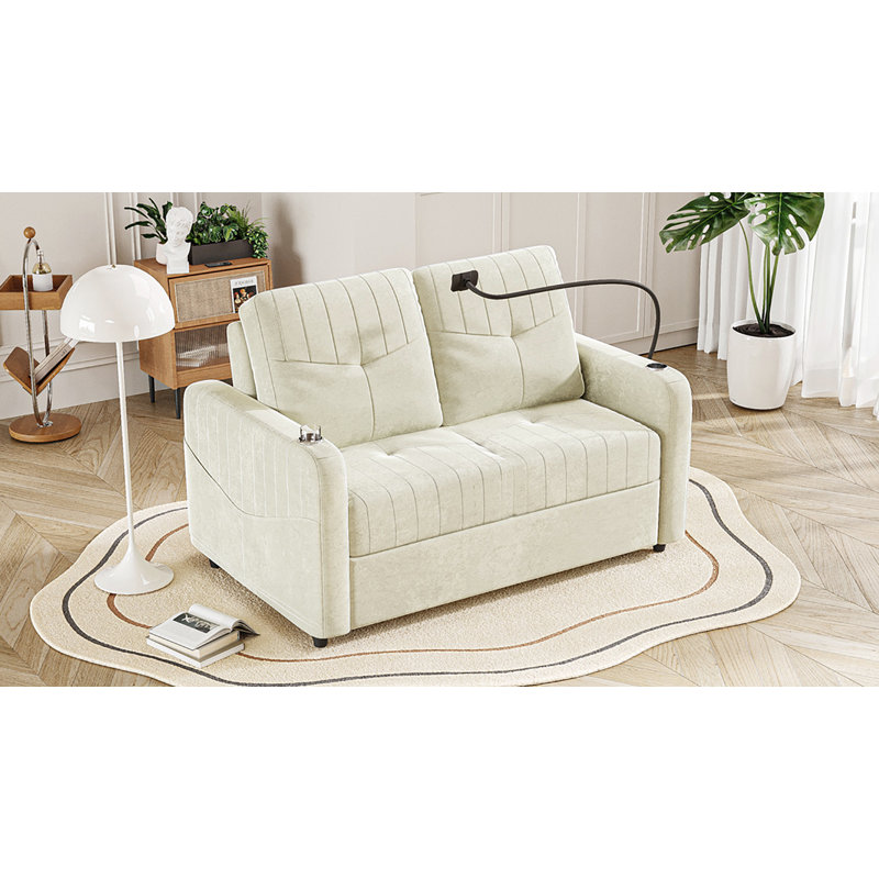 Canapé-lit escamotable en chenille avec dossier réglable et ports de charge, Beige