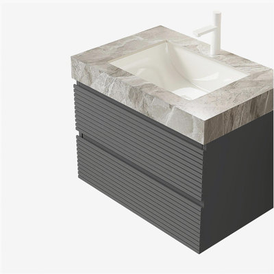 Meuble-lavabo de salle de bain 30 po avec lavabo encastré VENO, armoire de rangement flottante rayée en contreplaqué avec 2 tiroirs, plateau en pierre frittée gris clair Itlay, sans robinet ni drain, couleur grise