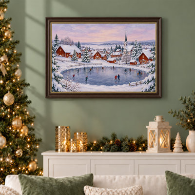 «Winter Village» patinage sur glace avec maisons rouges, art mural sur toile