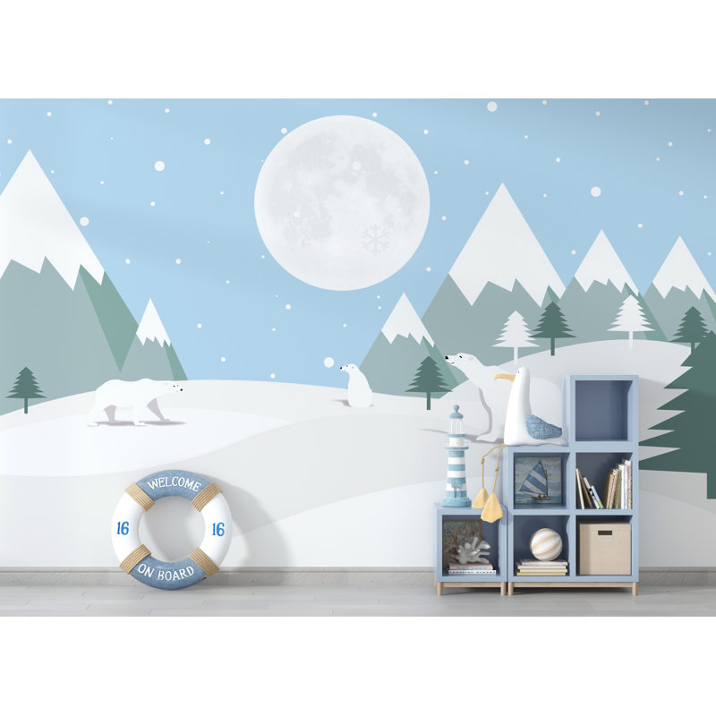 Mountain Bear Kids Blue Background Wallpaper, 57" L x 86" W