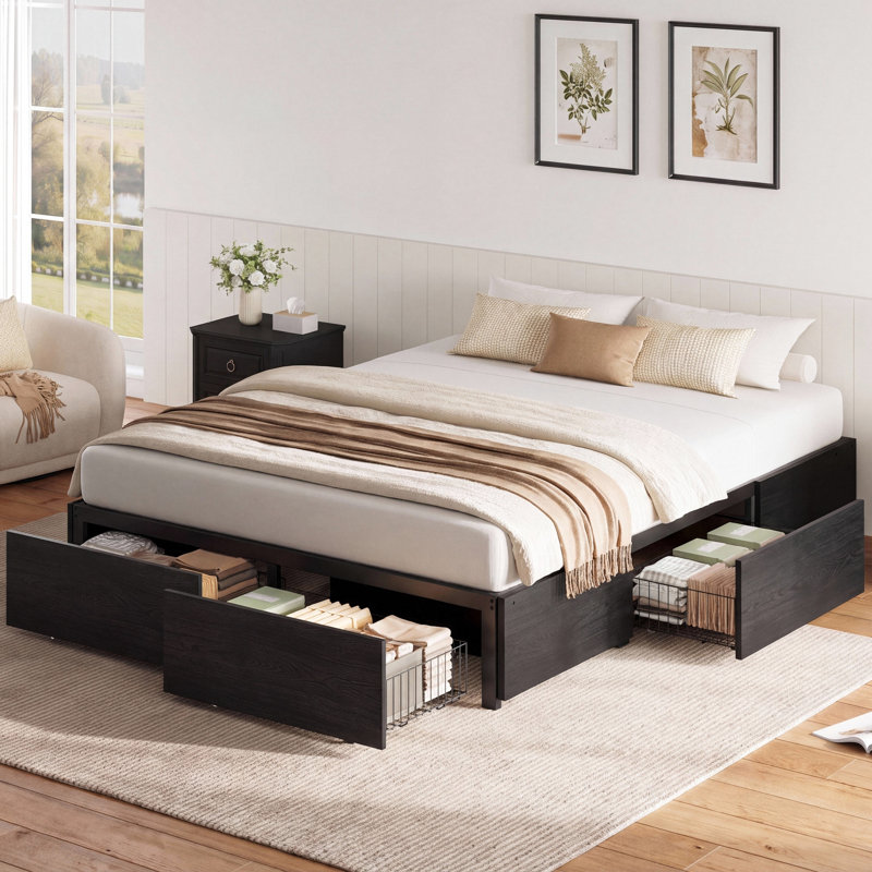 Grand lit plateforme avec rangement et pied de lit et 4 tiroirs sous le lit, noir, Grand, Black