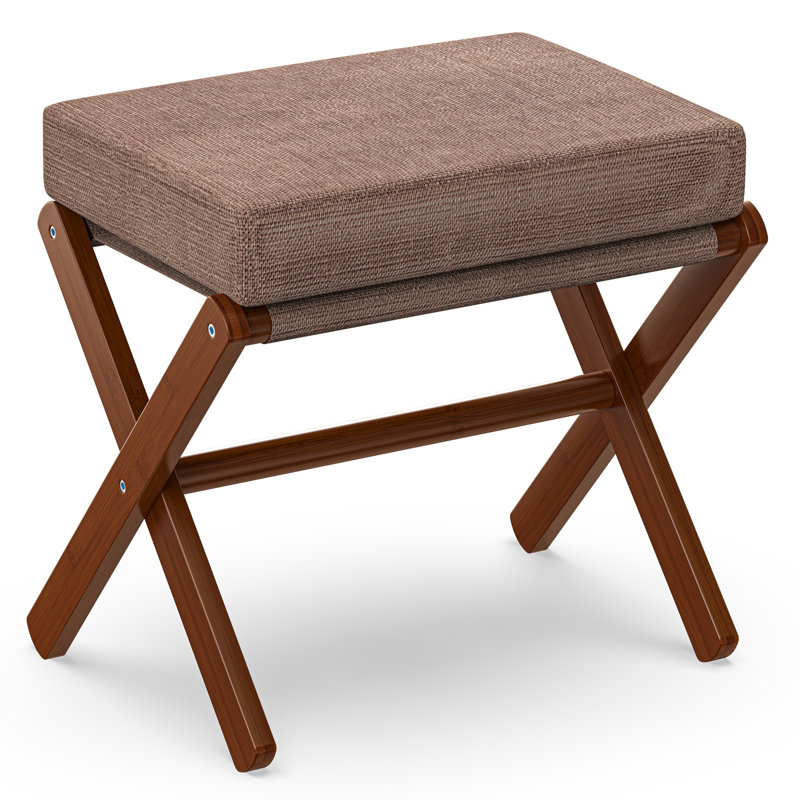 Rud Foldable Foot Stool with Soft Cushion and X Bamboo Legs, Thickened Foam Cushion Stool, Brown/Brown