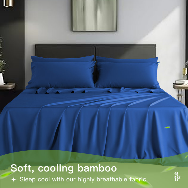 6 Pieces Bamboo Cooling Bed Sheets Set - 16" Deep Pockets, Full Sheet Set + 1 Fitted Sheet + 4 Pillowcases, Navy Blue