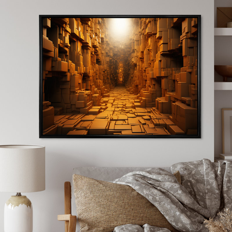 Tunnel géométrique jaune I sur toile, Cadre flottant noir, H 24 po x l 32 po x P 1 po