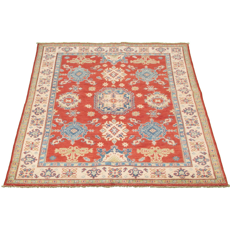 Tapis unique en laine noué à la main de style Gazni rouge / gris des années 2010 de 4 pi 11 po x 7 pi Qaiden