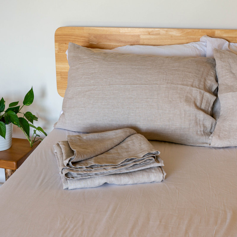 100% French Linen 4 Piece Sheet Set, Beige, Queen Sheet Set with 2 Pillowcases