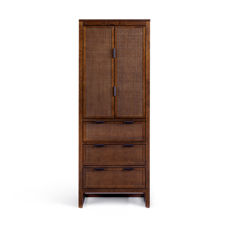 Armoire de rangement en bois massif avec tiroirs, portes incrustées en rotin et tablettes réglables Ameer, Noyer