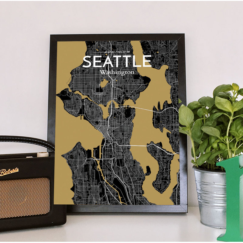 « seattle city map », reproduction d’impression sur affiche en luxe, H 24 po x l 18 po x P 0,05 po
