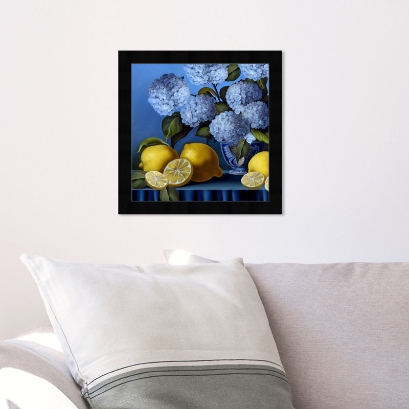 «Hydrangeas and Lemons Vase», cadre photo, Cadre noir, H 14 po x l 14 po