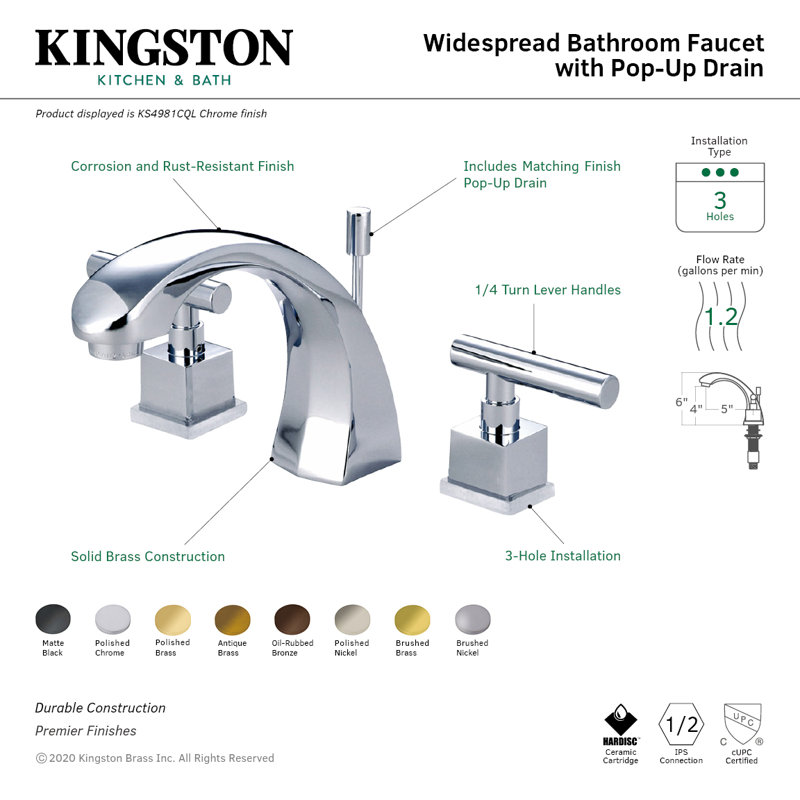Robinet de salle de bain espacé à deux poignées et fixation sur le comptoir à 3 trous avec bonde escamotable en laiton Kingston