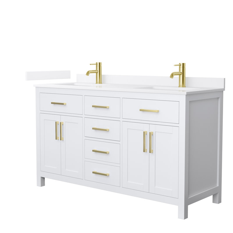 Beckett 60" Freestanding Double Bathroom Vanity with Quartz Top, White Quartz, White, Brushed Gold