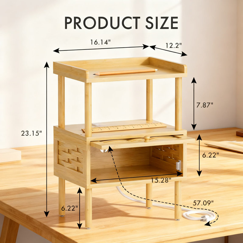Table de chevet en bambou avec station de charge, table de chevet avec ports USB et prise de courant, tiroir relevable et tablette ouverte pour le rangement dans la chambre à coucher
