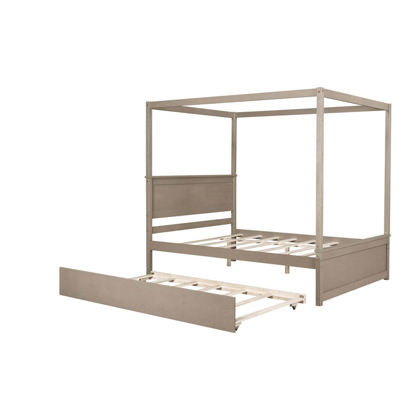 Wood Canopy Bed With Trundle Bed, Light Brown