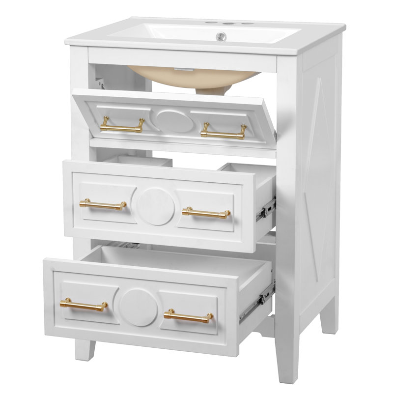Ensemble de meuble-lavabo sur pied 24 po avec lavabo en céramique, ensemble de meuble-lavabo simple autoportant avec 3 tiroirs et cadre en bois massif