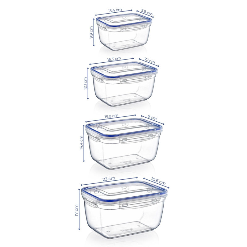 Durable Plastic Storage Box Set (4 Pieces), Transparent | Sizes: 9.1 x 4.2 x 6.7 in (1.0 qt), 7.8 x 3.5 x 5.7 in (1.5 qt), 6.5 x 2.8 x 4.8 in (0.8 qt), 5.3 x 2.3 x 3.9 in (0.4 qt) | BPA Free, Dishwasher-Safe | Ideal for Organizing Home & Office