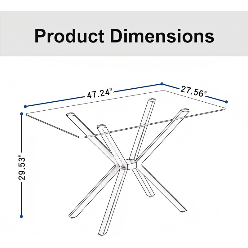 47.24" Rectangular Tempered Glass Dining Table With Black Metal Legs