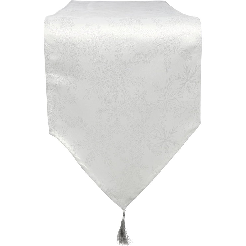 Christmas Metallic Blizzard Snowflake Tasselled Table Runner, 33cm W x 183cm L, White