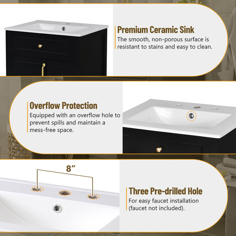 24" Single Bathroom Vanity With Ceramic Top, Black