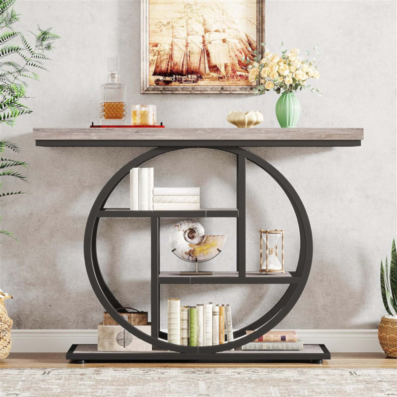 Console industrielle de 41,3 pouces avec rangement à 4 niveaux, structure en métal circulaire unique, finition grise pour les espaces étroits
