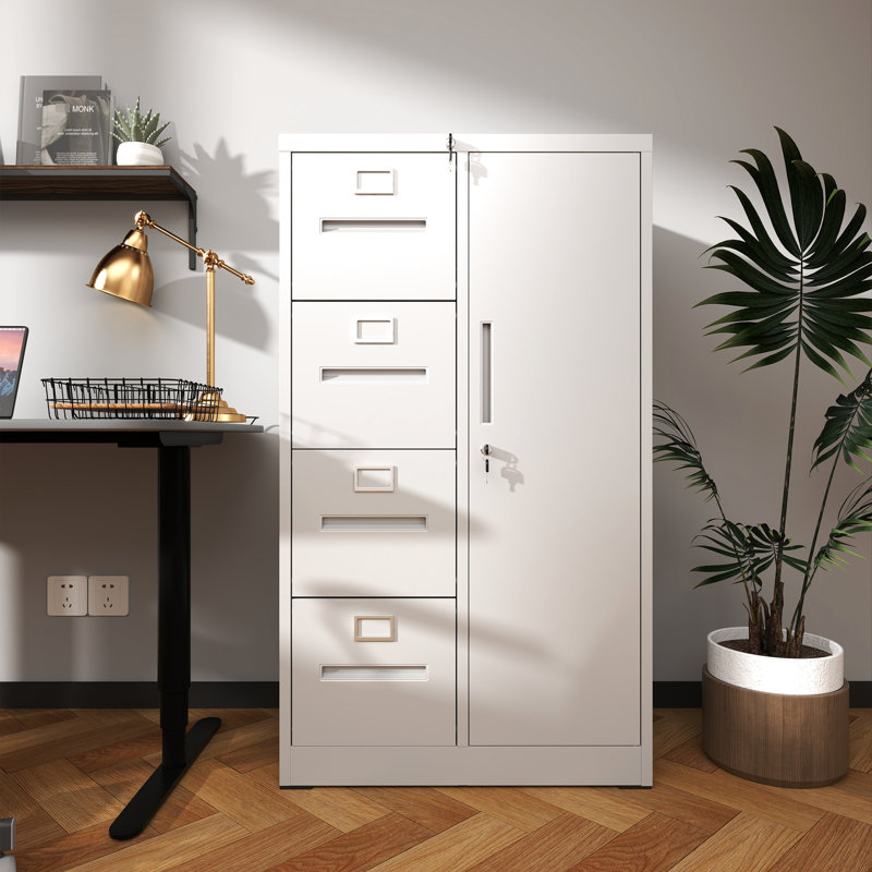 Classeur vertical en acier blanc avec serrure et 4 tiroirs - Construction, environnement de travail paisible, assemblage facile