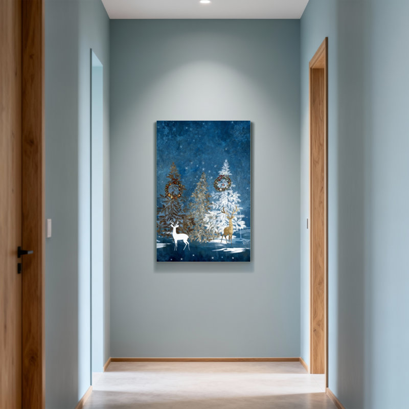 Animaux, forêt d'hiver, cerfs et arbres avec couronnes, H 18 po x l 12 po