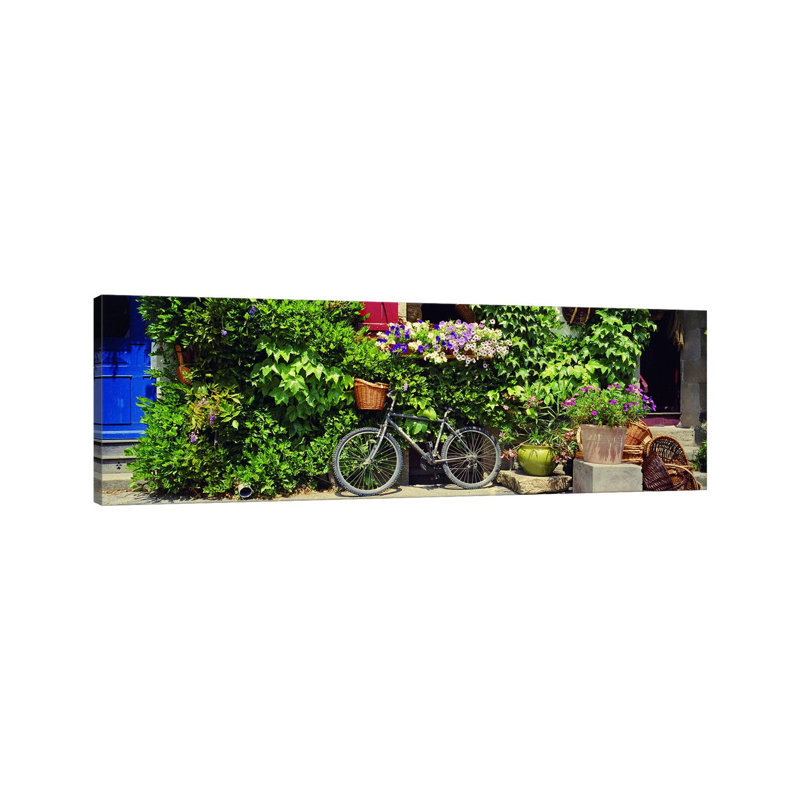 Bicycle Against A Wall Covered With Plants And Flowers, Rochefort-En-Terre, Brittany, France - Wrapped Canvas Panoramic Print