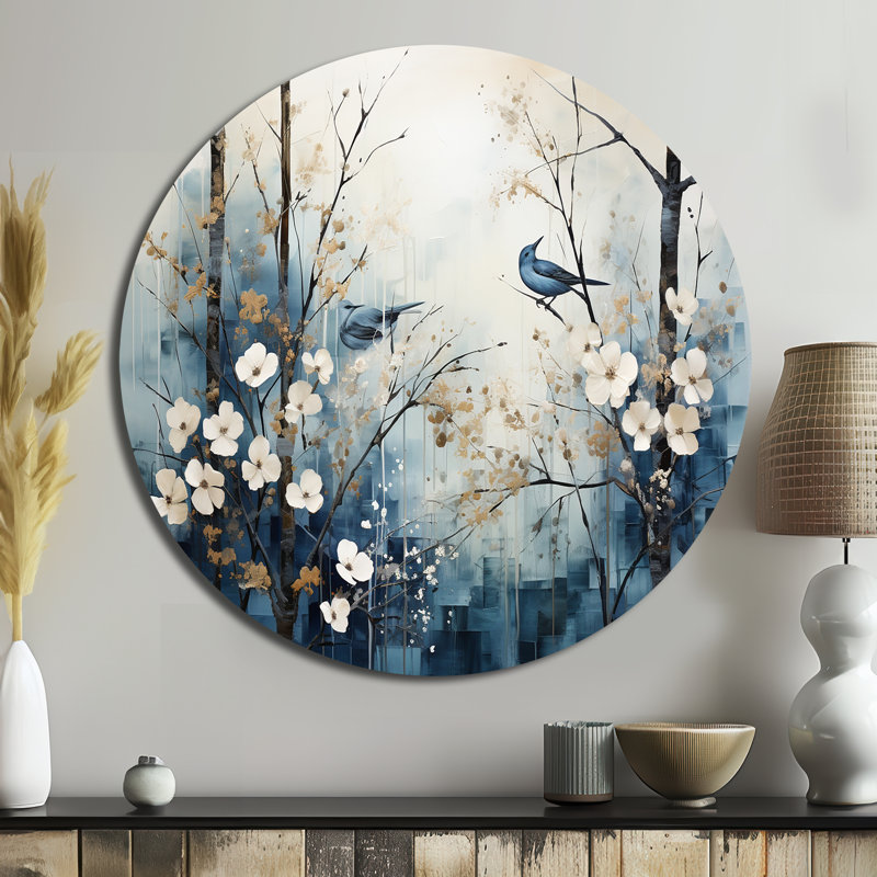 «Blue and White Forest Winter Harmony I», art mural rond en métal, H 16 po x l 16 po