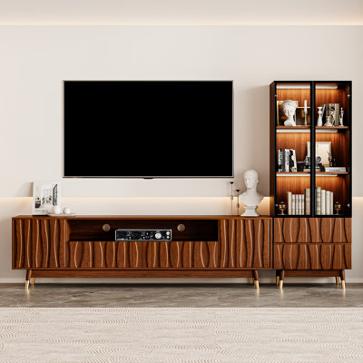 102.3“ Brown Fluted Entertainment Center With Bookshelves For 55/65/70/75 Inch TV, Mid-Century Modern Wood Walnut Finish Splayed Leg TV Console Table And 23.6" Lighted Glass Display Bookcase With Storage For Living Room Bedroom