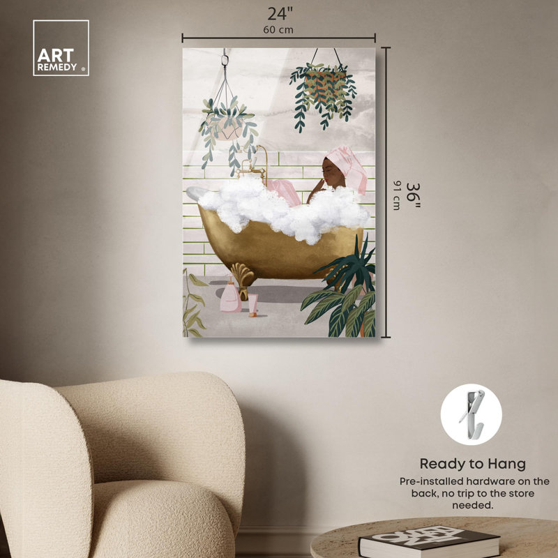 «Botanical Bathtime Lounge», reproduction d'art à la mode sur salle de bain par Art Remedy, H 36 po x l 24 po