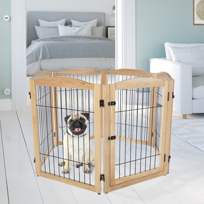 Natural Wood and Metal Freestanding Pet Gate, 132.5x31.5-Inch
