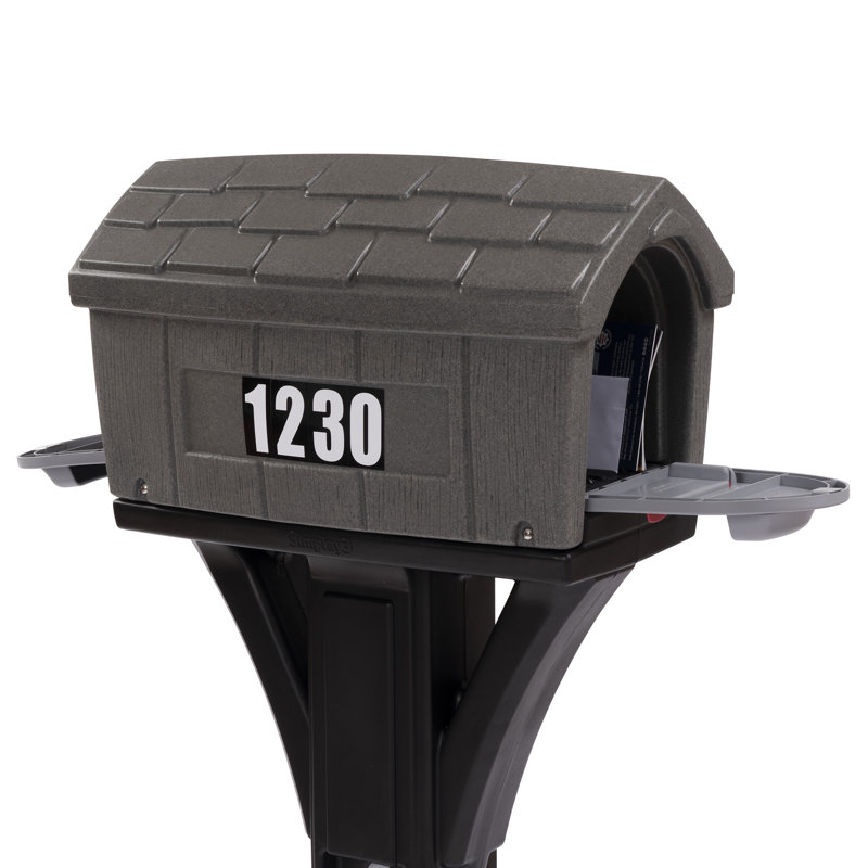 Classic Gray Stone and Black Plastic Mailbox with Post