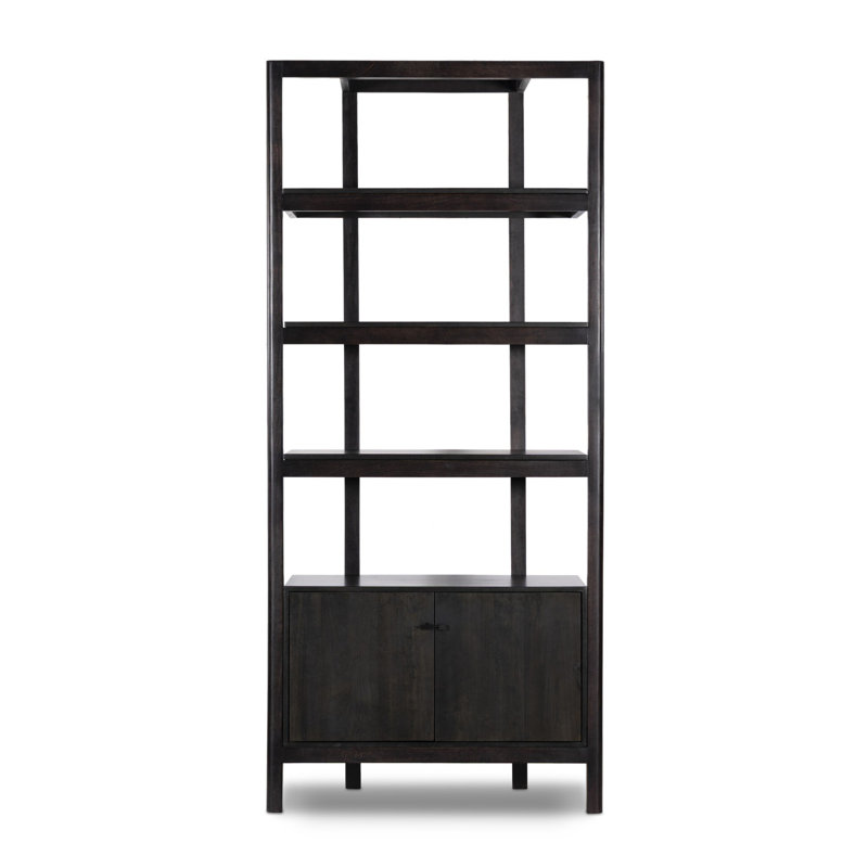 Bibliothèque standard en bois massif Jeanna, Bois d'hévéa noir usé