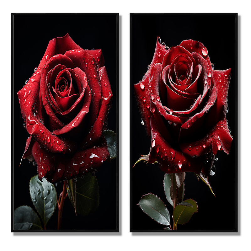 «Red Black Rose Elegance» - 2 pièces sur, Cadre noir, H 32 po x l 32 po