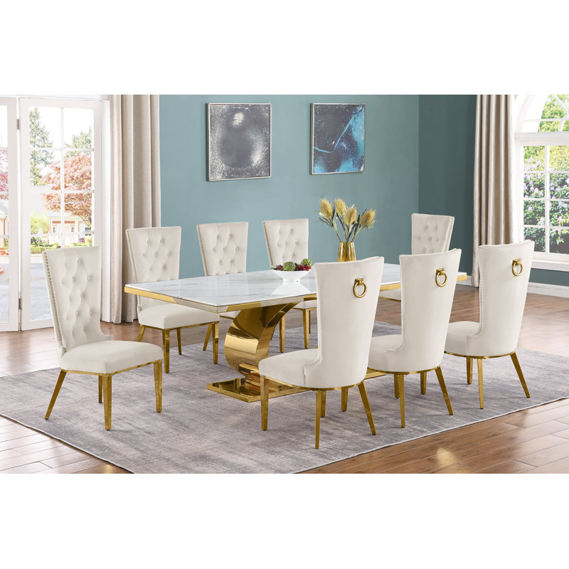 Ballance Marble Top Pedestal Dining Set, 9, Cream/Gold, Gold