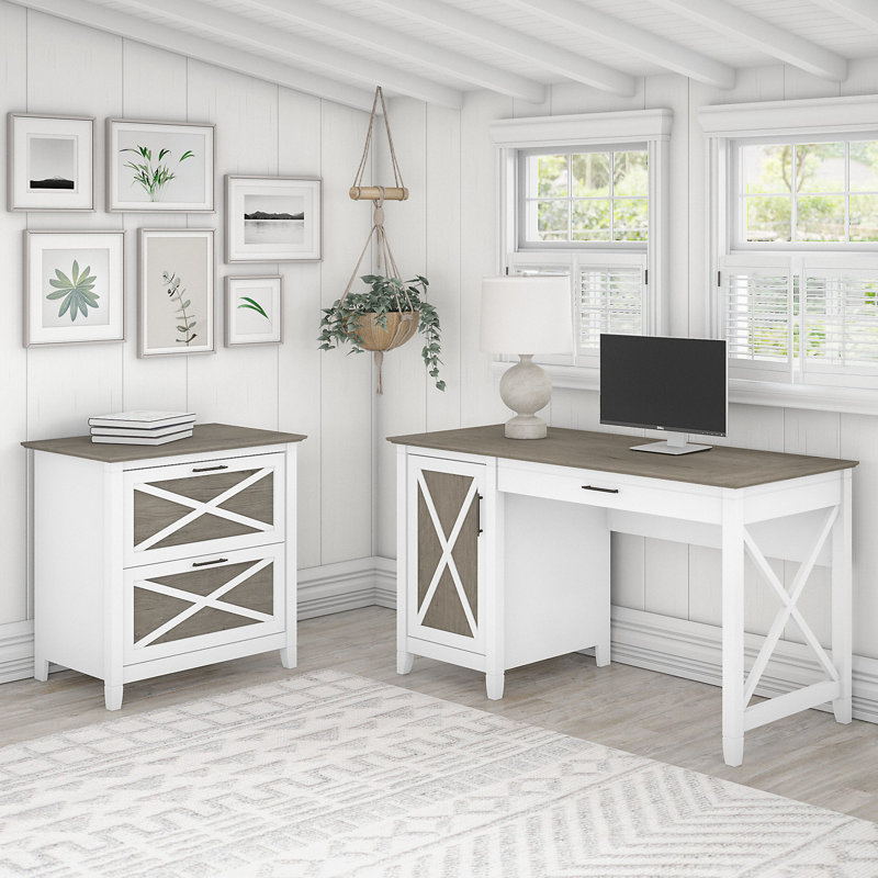 Bureau d'ordinateur et classeur latéral à 3 tiroirs Ozro, Déclin gris / blanc
